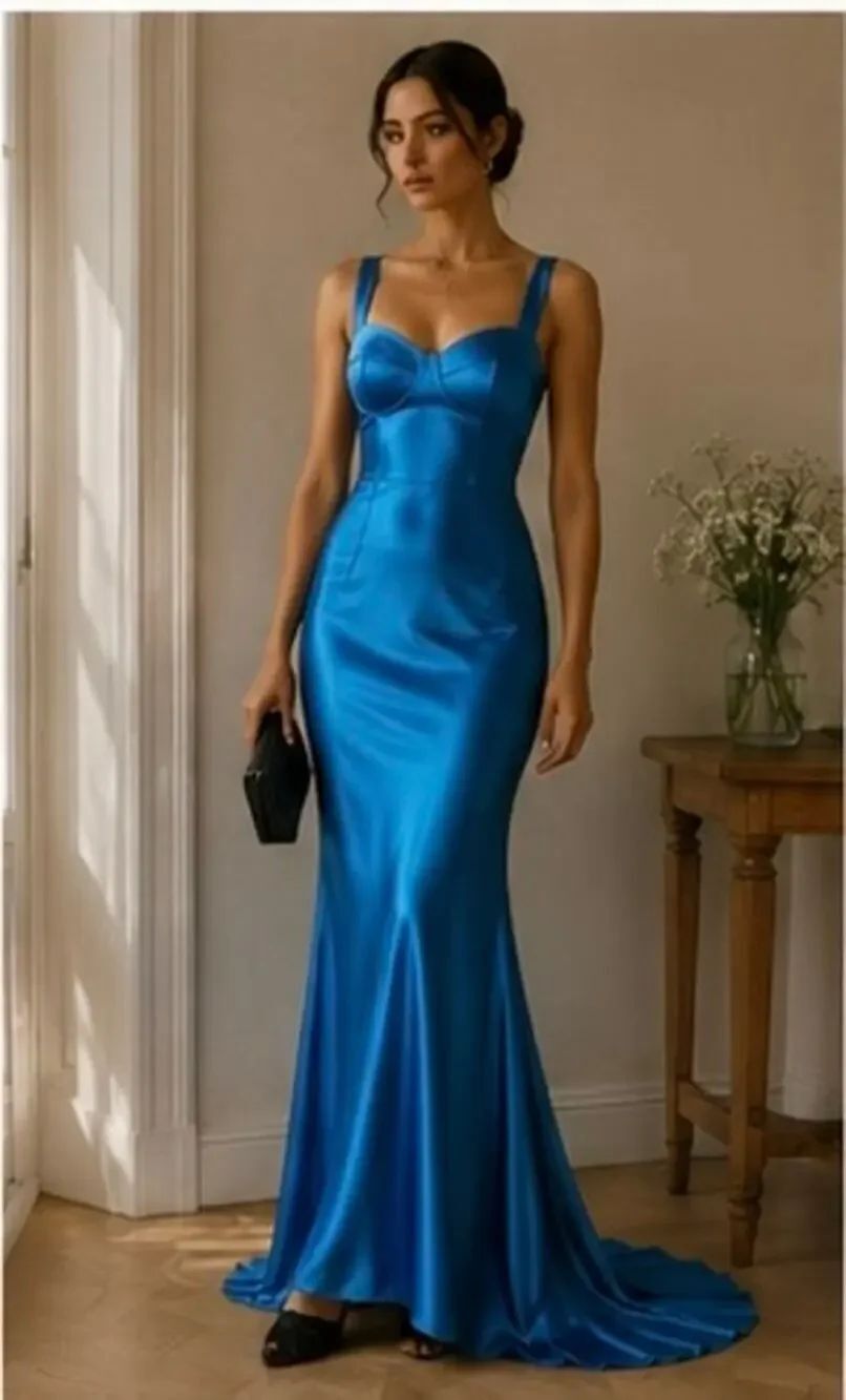 Reformation Vintage Zum Zum Blue Satin Open Cross Back Fishtail Maxi Dress S